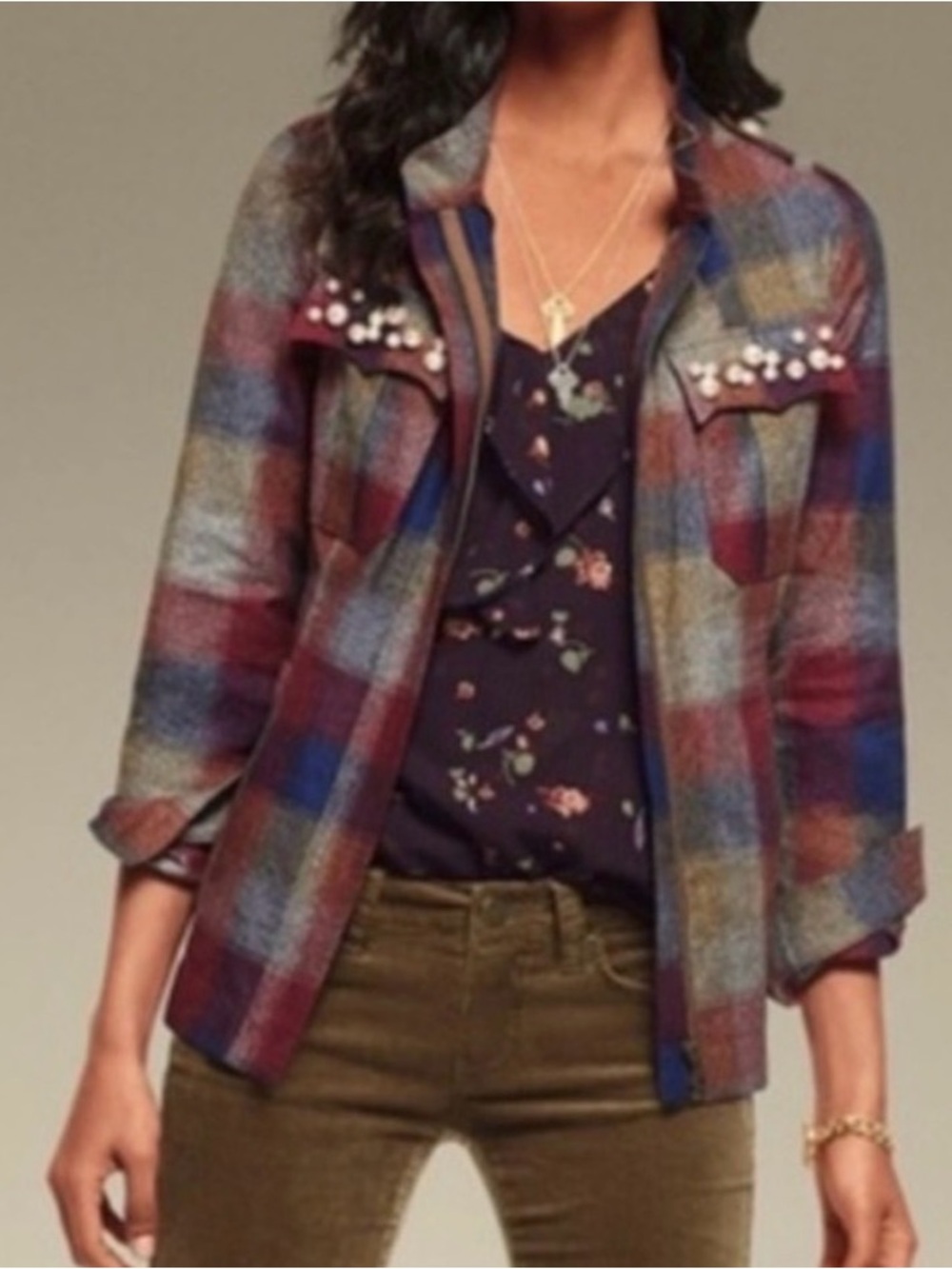 CAbi Collage Plaid Pearl-Embellished Zip Jacket Size Medium